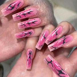 24pcs Square Press on Nails Long Fake Nails, Long Press on Nails Square Nail Tips Full Cover Pink Acrylic Nails Press ons Nail False Fingernail with for Women