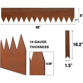 Worth Garden 6 Pack Cor-Ten Steel Landscape Edging w/Rust Patina Finish - 40" L x 8" H Strips - Hammer-in 14-Gauge Metal Corten Edging Border w/ 7 Clips & Gloves - Edge for Lawn Yard (20Ft Total)