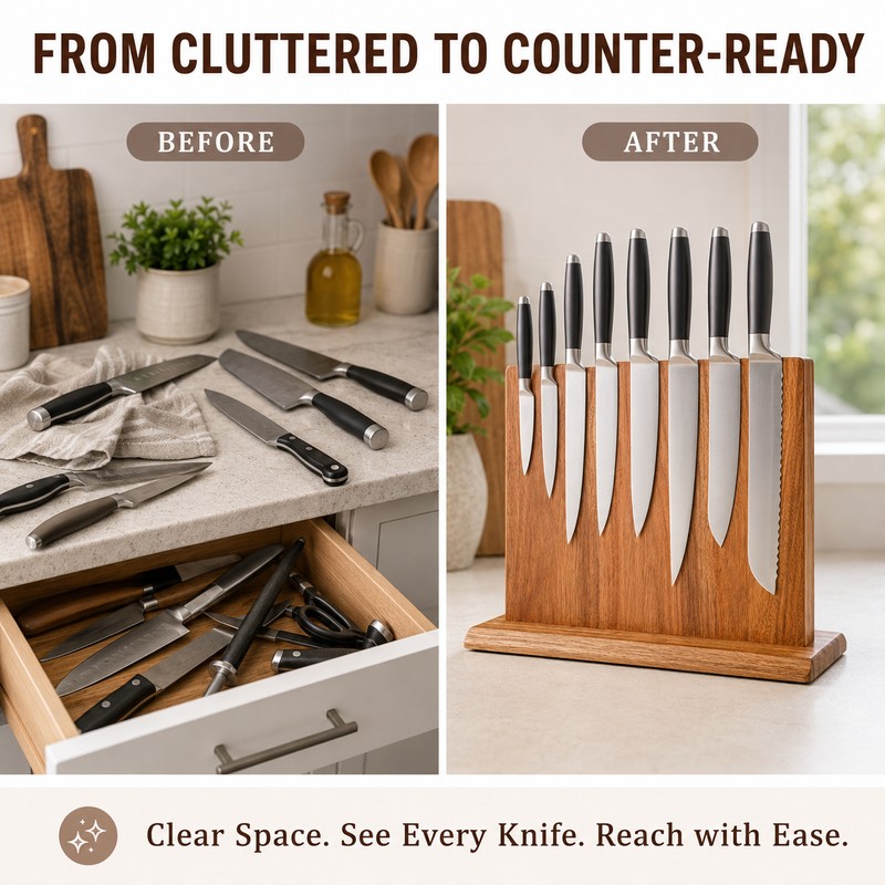 Acacia Wood Magnetic Knife Holder Stand for Kitchen Countertop