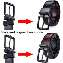 Beltox Men's Genuine Leather Reversible Belt 1.25" Rotate Black Buckle Gift Box(Black Cognac Belt with Black Roller Buckle,50-52)
