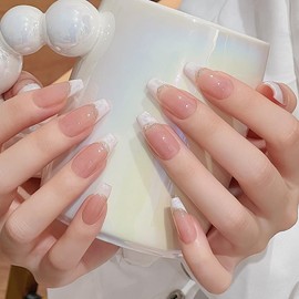 Pure Handmade Nails Press on Nail Reusable Fake Nails White GoldLine French Nude Medium Stick on Nails French Tip False Nails 10pcs (S, Q285)