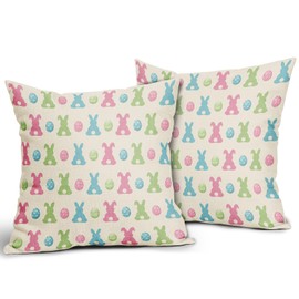 sorfbliss Easter Pillow Covers 18x18 Set of 2 Cute Bunny Eggs Blue Pink Green Print Spring Easter Themed Decorative Throw Pillow Cases Outdoor Farmhouse Decoration for Sofa Couch Bed