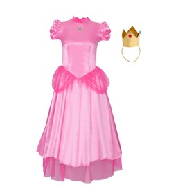 FEIWOBIRD Women Princess Peach Costume Super Brothers Party Gown Ball Dress (Pink, Large)