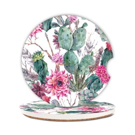 Succulent Cactus and Flowers Car Coasters,Ceramic Absorbent Cup Holders with Finger Notch & Cork Base Car Assecories for Women/Men 2.6"(2 Pieces)