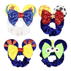 JIAHANG Velvet Mouse Ear Hair Scrunchies, Snow Captain Themed Sequins Bow Ponytail Holder Hair Ties 4 Pack for Women Girls(royalblue)