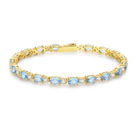 FANCIME Tennis Bracelet Women's 14K Gold-Plated Gemstone Tennis Bracelet 925 Sterling Silver Birthstone Gift Jewellery for Women Girls Length 19 cm, Sterling Silver, Aquamarine