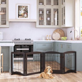 PAWLAND Freestanding Dog gate with Walk Through Door, Dog Gates for Doorways, The House, Stairs, 80" Wide Pet Puppy Safety Fence with Support Feet, 4 Panels, Espresso