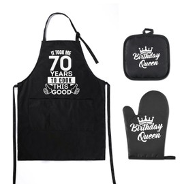 InnoBeta 70th Birthday Gifts for Women Apron Set of 3, 70th Birthday Gifts Apron Set with A Heat Resistant Kitchen Glove and A Pot Holder, Unique 70th Birthday Gifts Kitchen Apron Set for Birthday