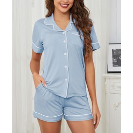 Hagmeu Two Piece Pajamas for Women Lounge Sets Button Down Pajama Set Nightwear Soft Pjs Shorts Set with Pockets Light Blue,Medium