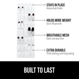 GORILLA GRIP Over the Door Shoe Organizer, 35 Large Breathable Mesh Pockets, Space Saving Hanging Storage Holder, 5 Hook Closet Rack Hanger, Hangs on Closets for Shoes, Accessories 68.5H x 24.5W White