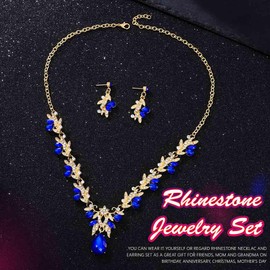 JAKAWIN Rhinestone Bride Wedding Jewelry Set Gold Leaf Sparkly Bridesmaid Necklace and Earrings Set Sapphire Formal Crystal Prom Costume Necklaces for Women