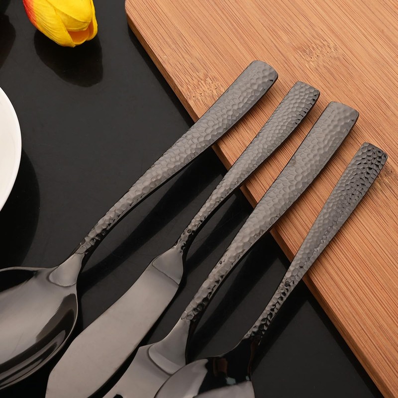 JASHII 5-Piece Black Hammered Flatware Hostess Set Stainless Steel Serving