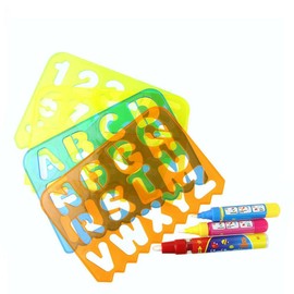Set of 4 Stencils Alphabet Letters Number Design Craft Plastic Stencils Ruler Guide Lines with 3 Pens