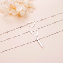 DAOSHANG 925 Sterling Silver Triangles Hearts Stripes Three Layered Necklaces for Women Unique Adjustable Chain 16/18/20+2" Birthday Thanksgiving Christmas Jewelry For Present