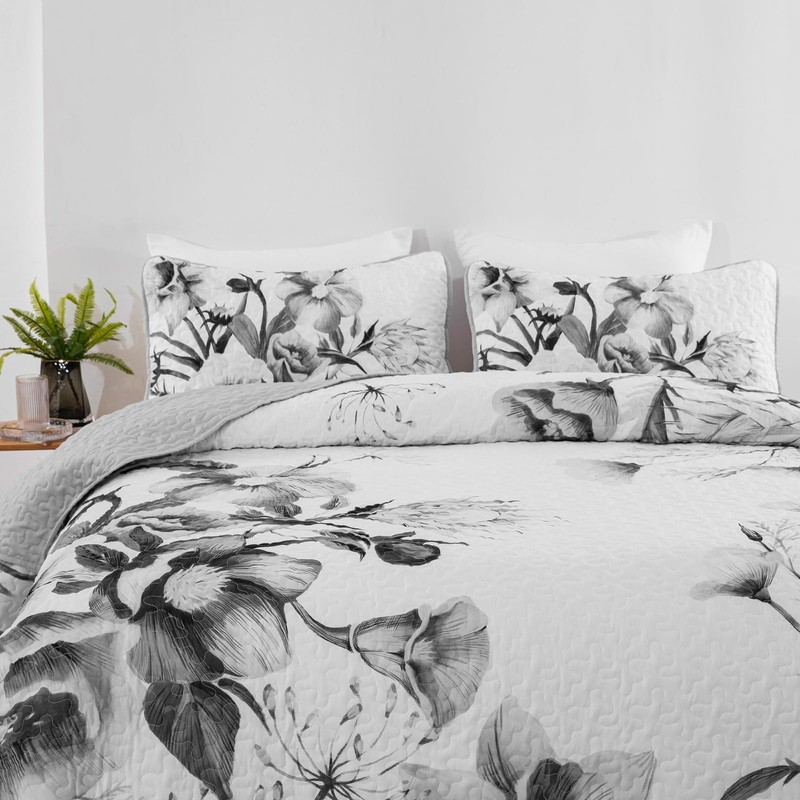 Floral Quilt Set Queen 3 Pieces Grey Floral Quilt Coverlet