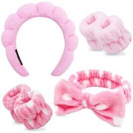 Chanaco Spa Headband 6PCS - Pink, Pink Dot Color - Microfiber - Hairband for Women Girls - Skincare Headband with Bow - Washing Face, Yoga, Showers, Sleepovers - Set of 1 Headband and 4 Wristbands