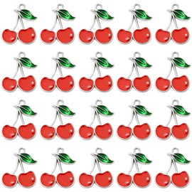 SUNNYCLUE 1 Box 60Pcs Cute Cherry Charms Red Cherries Charms Bulk Alloy Enamel Silver Metal Flat Small Dangle Food Fruit Pendants for Jewelry Making Supplies DIY Craft Necklace Bracelet Earring Women