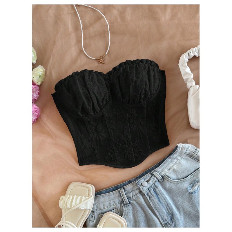 WDIRARA Women's Textured Asymmetrical Crop Tube Top Strapless Bustier Tops