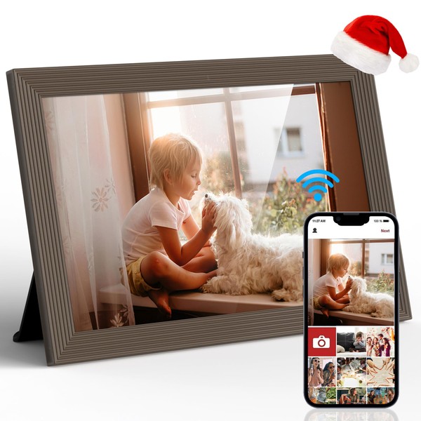 Digital Photo-Frame 10.1 Inch HD IPS Digital Picture Frame WIFI with TouchScreen & 32 GB Storage, Electronic Smart Photo Frame by SSA with Calendar/Auto-Rotate/Moment of Contact, Brown