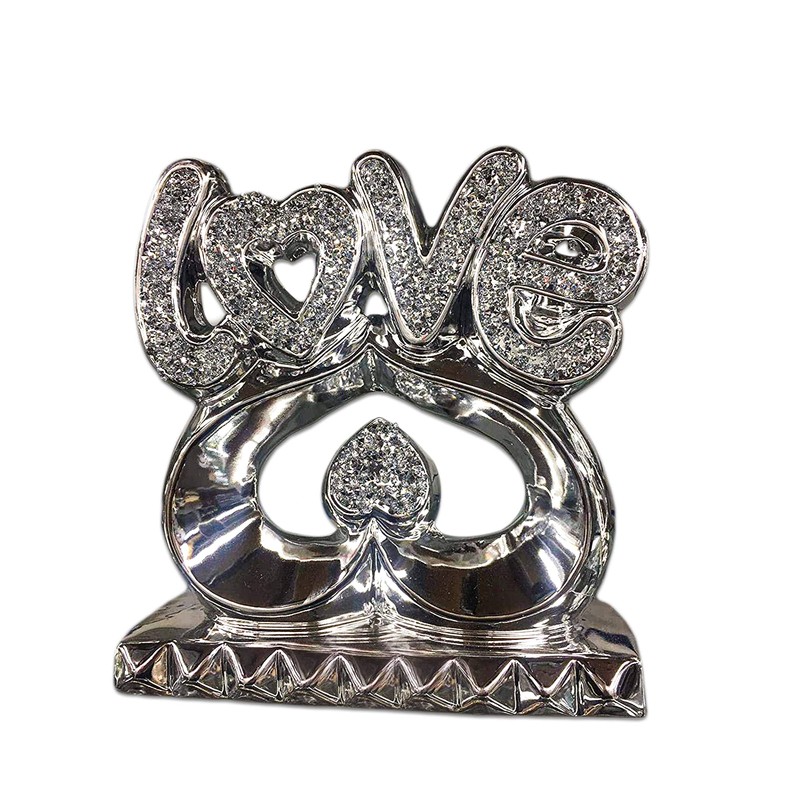 Silver Crushed Diamonds Love Sign on Heart Sparkle Ornaments |