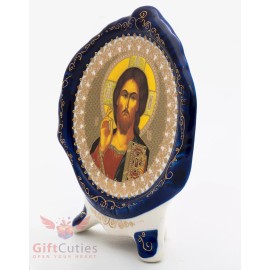 Porcelain gzhel decal plaque Icon Pantocrator Lord Jesus Christ Спс Вседержитель
