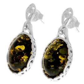 SilverAmber Jewellery UK - Genuine Green Baltic Amber set in 925 Sterling Silver Drop/Dangling Teardrop Modern Earrings - GL1009G