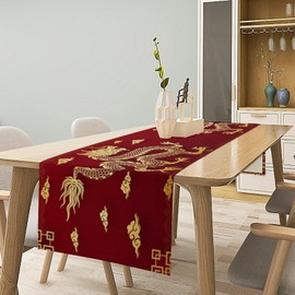 Chinese Dragon Table Runner, Happy Chinese New Year Asian Golden Dragon Cloud Print Table Runner for Home Party Kitchen Dining Table Decor, 13x108inch