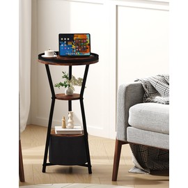 Yusong Round Side Table, Small Drink Table for Small Spaces, 3-Tier Industrial End Table, Accent Nightstand Bedside Table for Living Room, Bedroom, Sofa Couch, Rustic Brown