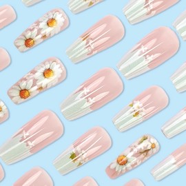 BABALAL Press on Nails Long Coffin Fake Nails White French Tip Glue on Nail Art Daisy Acrylic Nails Supplies 24Pcs DIY False Nails Ballerina Glossy Summer Spring Manicure Artificial Nails