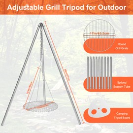 HaSteeL Camping Tripod for Outdoor, Adjustable Portable Cooking Tripod with 17”Folding Grill Grate, Stainless Steel Campfire Grill Stand Hanger for Dutch Oven Hunting Beach BBQ Fire Pit, Easy Assemble