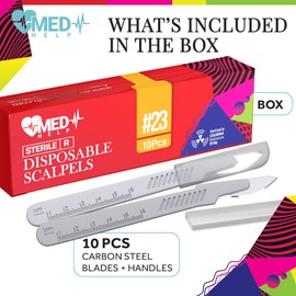 MedHelp Disposable Scalpel 23 Dermaplaning Tool Scalpel Blades with Plastic Handle, High Carbon Steel Dermablade Blades. #23 Surgical Blades, Sterile ● Box of 10