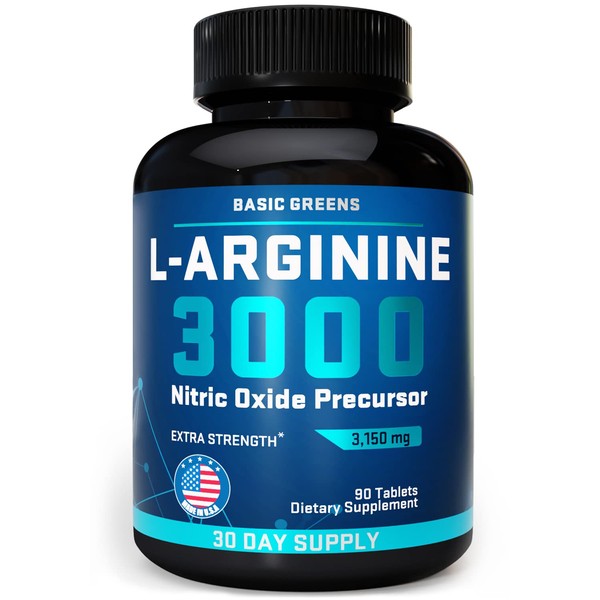 BASIC GREENS L Arginine 3,150mg (90 Tablets) L-Arginine Supplement for Men and Women with Nitric Oxide Precursor | L Arginine Supplement Pills for Men, Sport, Workout, Made in The USA