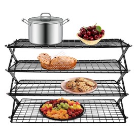 4-Tier Collapsible Cooling Rack – 16" x 10" Adjustable Stackable Non-Stick Wire Rack for Baking, Roasting, Cookies, Cakes, Drying, Picnic & BBQ, Each Tier Holds 22 Lbs