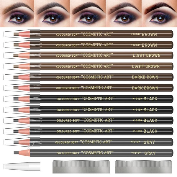 Waterproof Eyebrow Pencils Brow Pencil Set For Marking, Filling And Outlining, Tattoo Makeup And Microblading Supplies Kit-Permanent Eye Brow Liners In, 12Pcs 5Colors(4Black6Brown2Gray）(Multicolor)