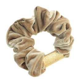 VingTAINE HS-92-G-BE Velour Scrunchie Hair Accessory with Plate, Gold x Beige, Gold × Beige