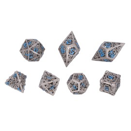 7pcs Hollow Dice Set Brass Rolling Beautiful Polyhedron Dices with Blue Numbers for Games