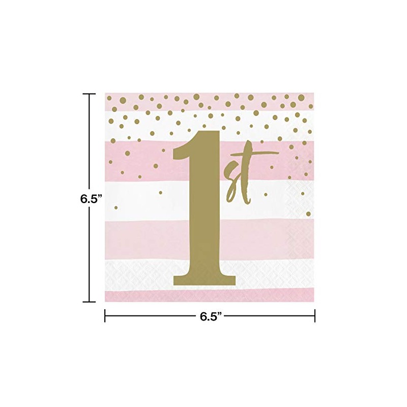 Creative Converting Stripe and Dots 1st Birthday Lunch Napkins, Pink/Gold,