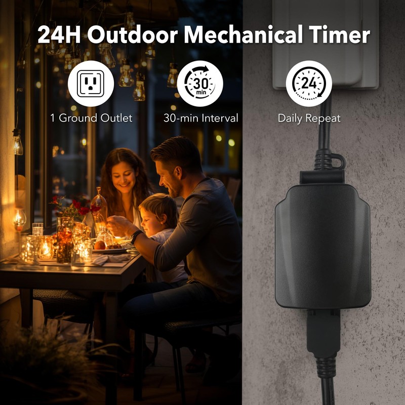 BN-LINK 24-Hour Mechanical Outdoor Light Timer, Waterproof, Heavy Duty, 15A