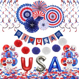July 4th Party Decoration Set, Patriotic Banner, American Flag Paper Fan, PomPomPoms Flower,, Balloons, American Patriotic Party Independence Day Party Supplies -02