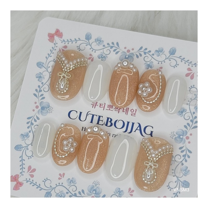 Wedding pearl ball handmade nail tips - Oval / 웨딩