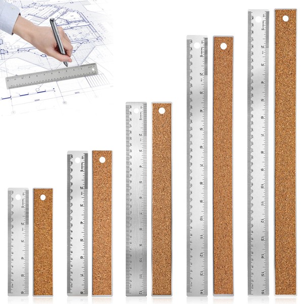 5Pcs Cork Backed Ruler Stainless Steel Ruler, 6/8/12/14/16 Inch Metal