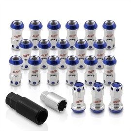 AJP Distributors 20 Piece Universal M12x1.5 Open or Closed End Steel Lug Nuts, 20pc M12 x 1.5MM Lug Nut Set + Locking Adapter Key Socket Wheels Rims JDM VIP Kit Chrome Body Blue Cap