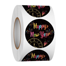 Heyfibro 1.5 Inches Happy New Year Sticker Roll, 500 Pcs Black New Year Stickers for Kids and Adults, Winter Holiday Round Labels Stickers for Gift Packing, Cards, Envelope Seals, Party Supplies