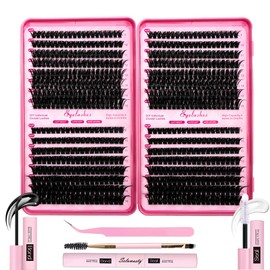 Selawasty DIY Lash Extension Kit 624pcs Individual Lashes Clusters D Curl Eyelash Extensions Kit with Lash Bond and Seal Tweezers Brush Lash Books DIY at Home (9-16mm,60D+80D,KIT)
