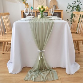 DecorMommt Table Runner Sage Green Chiffon Thin Decorative Fabric Table Runner Green Autumn Decoration Tablecloth Table Runner Green for Communion Wedding Birthday Garden Party Christening 77 x 300 cm