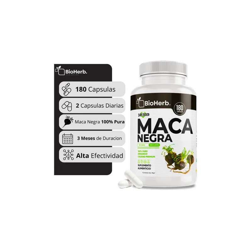 Maca Negra 100 Pura Bioherb 180 Cápsulas Suplemento