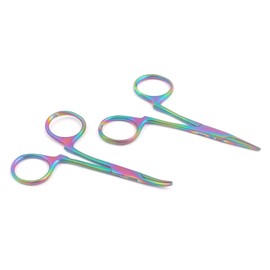 OdontoMed2011® Set of 2 Pieces Stainless Steel Straight & Curved Hair Pullers, 3 1/2-Inch Non-Locking Multi Color Rainbow Color Hemostat Forceps