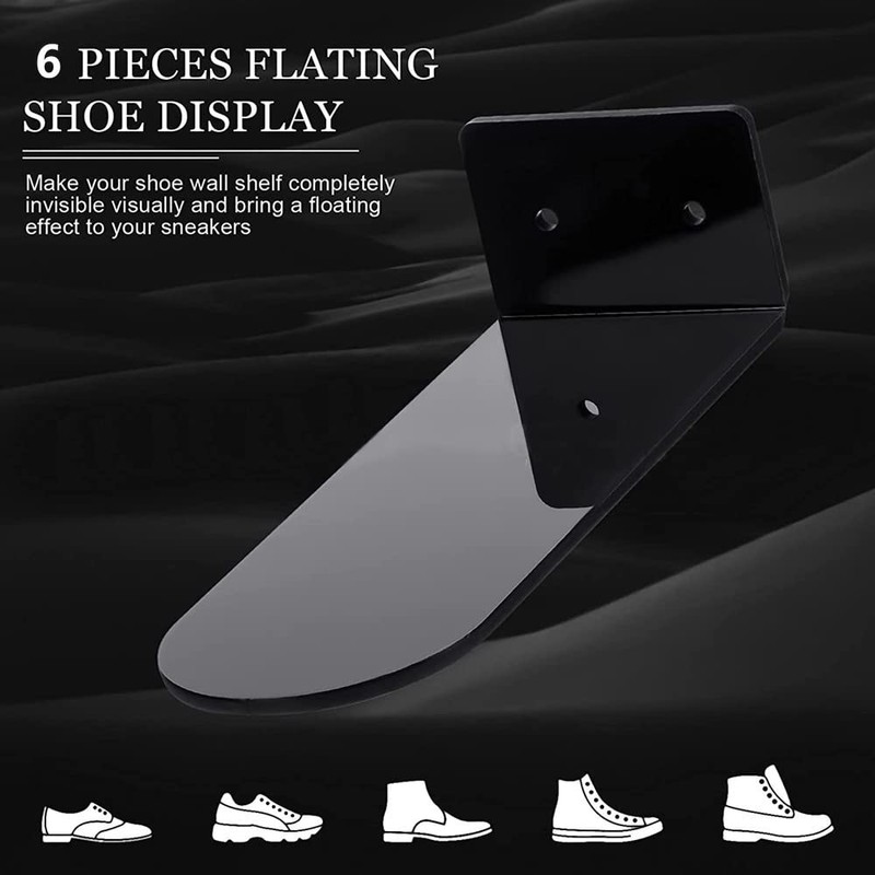 6 Pcs Black Floating Shoe Shelves Transparent Acrylic Wall Mounted
