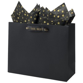 HANSWARE 2 Pack 9.6" Medium Black Gift Bags with Handles Paper Gift Bag with Tissue Paper for Weddings,Graduations,Party,Shopping,Retirements,Valentine's Day,9.6" L x 3.7" W x 7.7" H