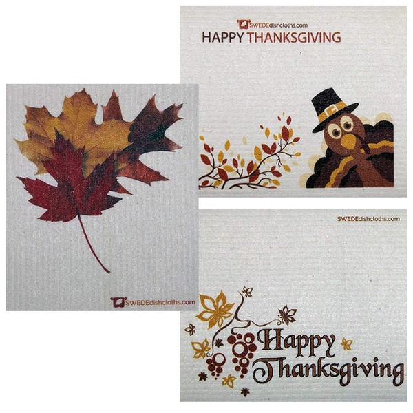 Thanksgiving Trio A Set of 3 Cloths (one of Each Design) Swedish Dishcloths | ECO Friendly Absorbent Cleaning Cloth | Reusable Cleaning Wipes